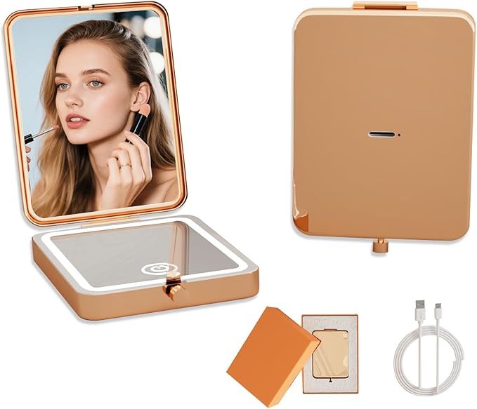 LED Lighted Makeup Mirror with 3X Magnification, Portable Folding Compact Dual-Sided, Travel Pocket and Purse Mirror Size, Perfect for Desk Dorm, Office & Vanity Use, Gifts for Women (Solid color)