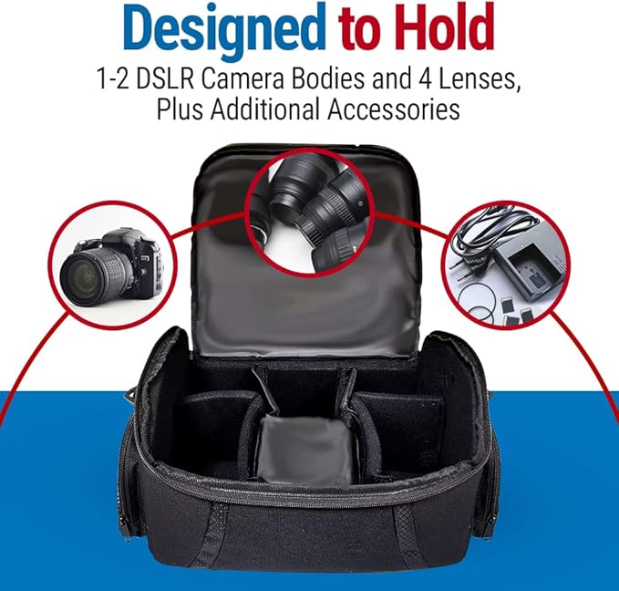 Vidpro DSLR and Video Camera Gadget Bag - Large Protective Case Includes Padded Dividers Handle and Shoulder Strap Compatible with Most Camera Brands Fits 1-2 DSLR Cameras 4 Lenses and Accessories