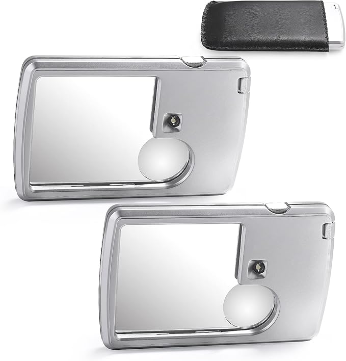 2 Pieces 3X 6X Pocket Magnifying Glass with Light, Card Type Magnifying Portable Glasses Lighted Magnifier for Reading Jewelry Menu Travel Contracts Home (Sliver)