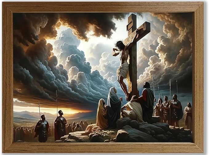 Jesus Crucifixion Wall Art 8x10 Inch Framed Christian Canvas Print, Religious Cross Picture Decor for Prayer Room Church Living Room Bedroom, Ready to Hang or Stand with Easel Back