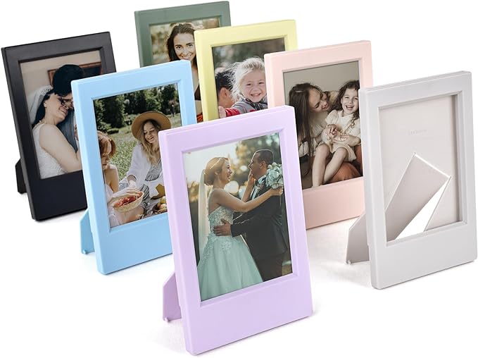 HIYQIN 7 Packs 2x3 Mini Photo Frame for Instax Mini EVO/12/11/Liplay/SE/Link 3/41/40/99/90/7+ Camera Film, Desk Stand Up Small Picture Frame with Clear Protective Film, 3-in Films Frame - Colorful