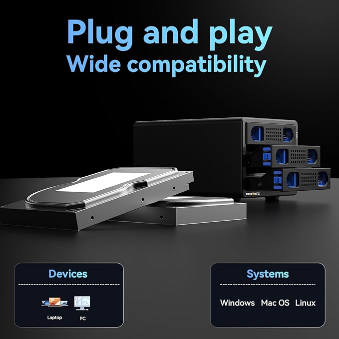 CENMATE 3 Bay Hard Drive Enclosure with Cooling Fan for 2.5“/3.5" SATA HDD/SSD with USB A/C 3.0, Support 60TB, Hot Swappable, Daisy Chain Expansion, Tool-Free HDD Enclosure, DAS(NO RAID/NAS)