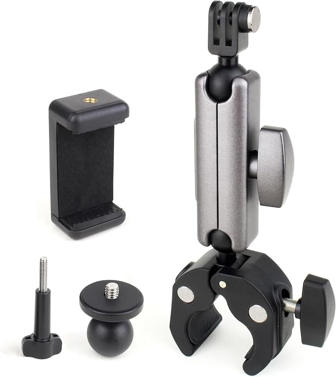 GEPULY Super Camera Clamp Mount for GoPro Insta360 - Dual 360° Ball Head Magic Arm Adapters with 1/4''-20 Screw, Phone Tripod Holder Mount for Bike Handlebar Fence Desk Tree Pole LED Light