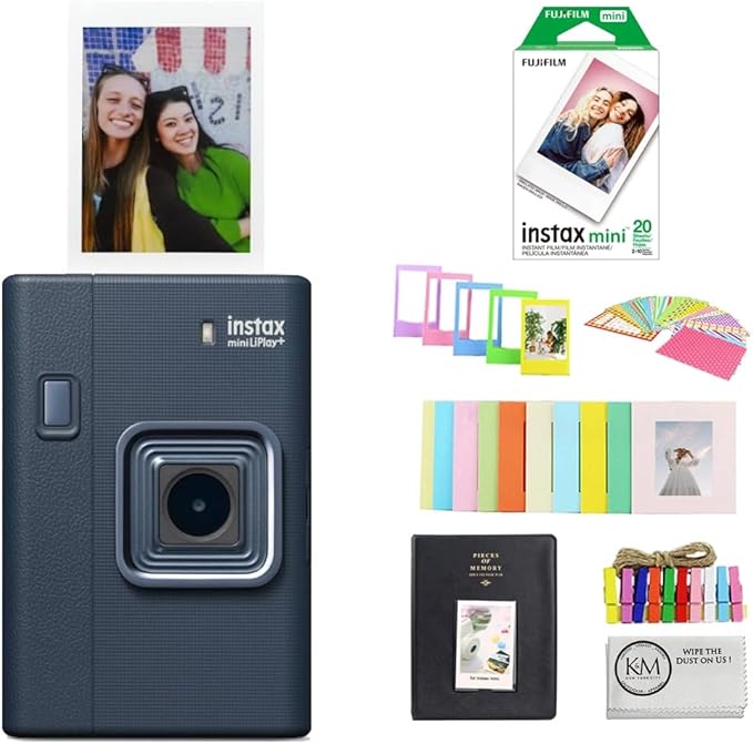 FUJIFILM instax mini LiPlay+ (Midnight Blue) Hybrid Instant Camera Bundle with 20 Exposures Instant Film + Instax Mini Album, Borders, Stickers & Clips + Microfiber Cleaning Cloth (4 Items)