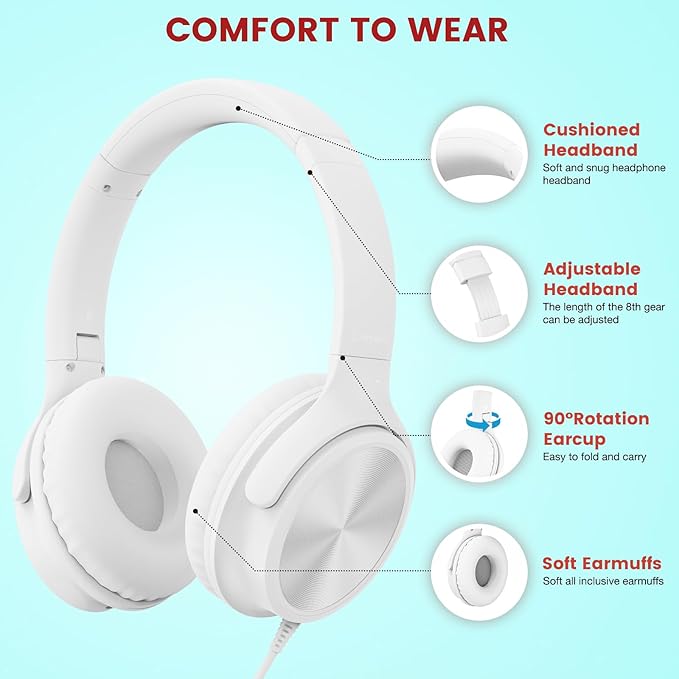 USB C Headphones Wired, Over Ear USB C Wired Headphones with Microphone, Volume Control, HD Stereo Sound, Foldable USB Type C Headphone for Adult/Teens/Laptop/Computer/iPhone 15/16/17, White