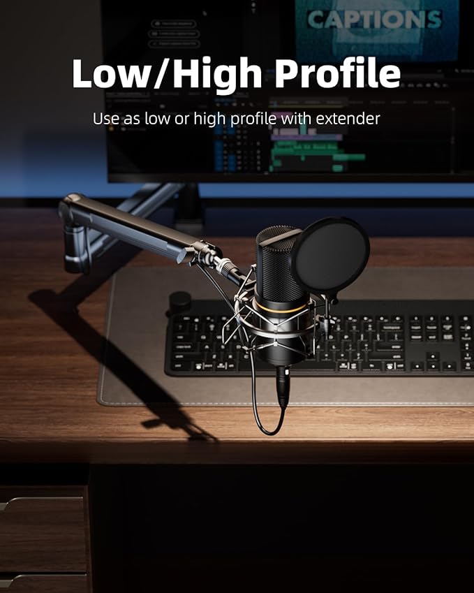 TODI Mic Stand Desk, Low/High Profile Mic Arm Bear 4.5LBS with Extension Riser, Adjustable All Metal Desk Microphone Stand with Cable Channel, Boom Arm Mic Stand with 3/8'' 5/8'' Interface