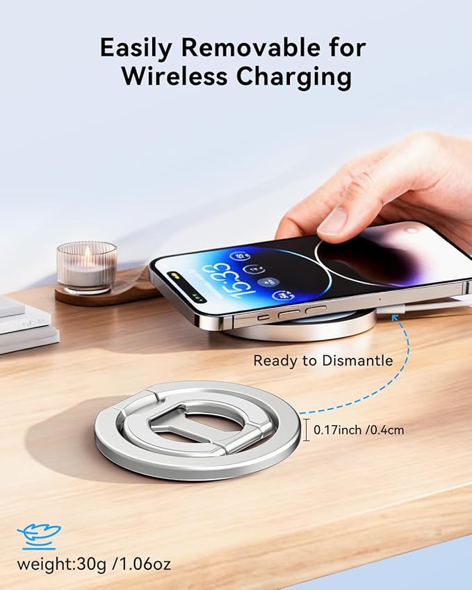 CloudValley 4-in-1 Magnetic Phone Grip Holder for MagSafe, 2025 Super Stable Kickstand & Mag Safe Finger Loop, Compatible with iPhone 17/16/15/14/13 Series & MagSafe Case (Silver)