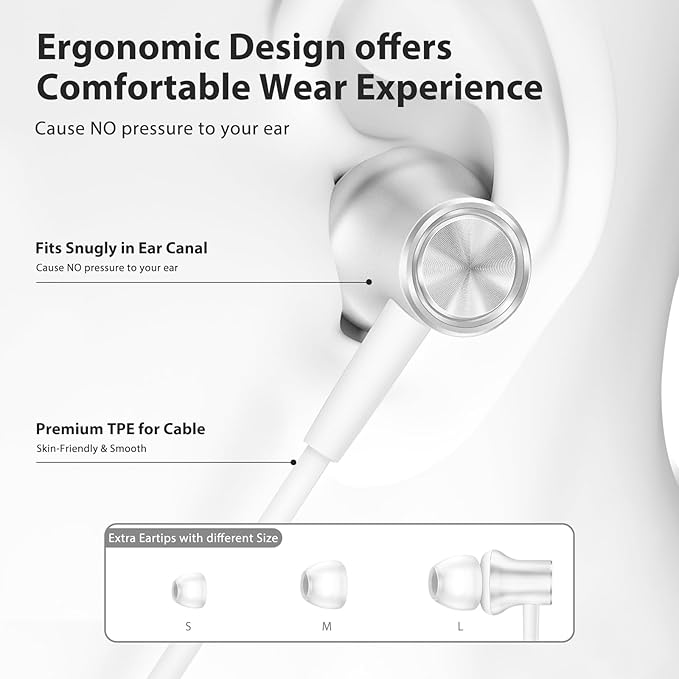 Jiunai USB C Earbuds for iPhone 17 16 15 Galaxy S25 Type C Wired Headphones with Mic in Ear Magnetic Snap S M L Ear Tips Stereo Ear Buds for Samsung S26 S24 for iPad Pro M5 Pixel 10 9 Pro Silver