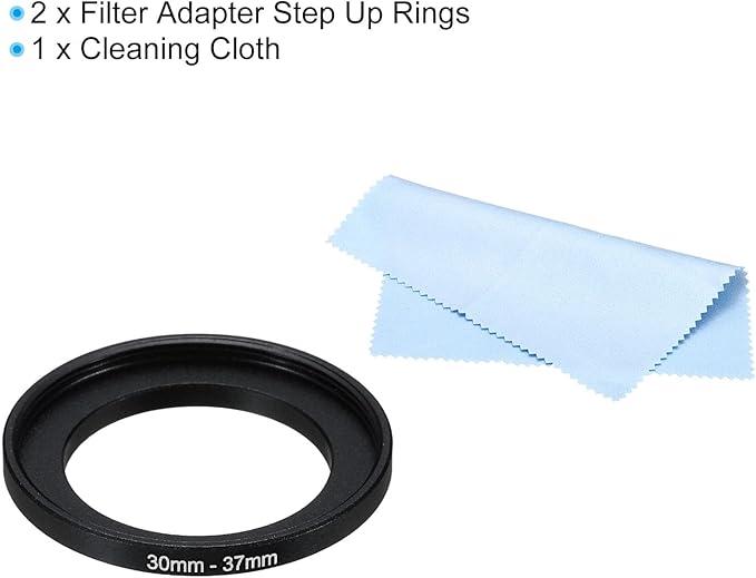 PATIKIL 30mm-37mm Metal Step Up Ring with Cleaning Cloth, 2 Pack Camera Lens Filter Adapter Ring Aluminum Filter Adapter Ring for Camera Lenses Hood, Black