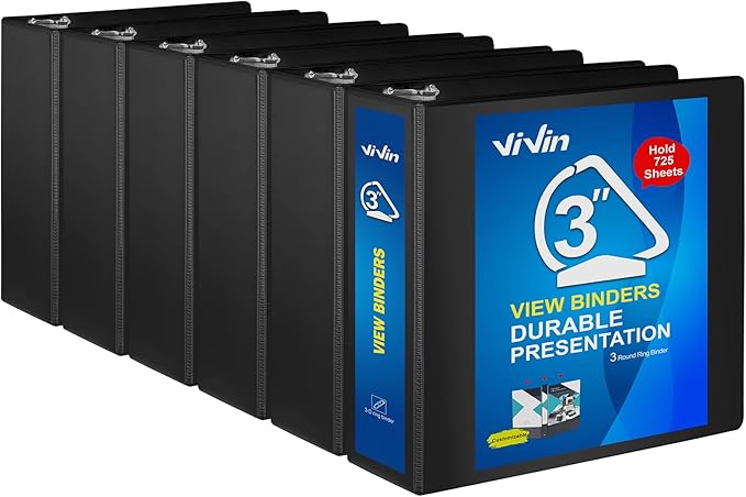 ViVin Durable 3 inch D Ring View Binder, Large 3" Slant-D Ring with 725-Sheet Capacity, Fit 8.5" x 11" Paper, 6 Pack(Black)