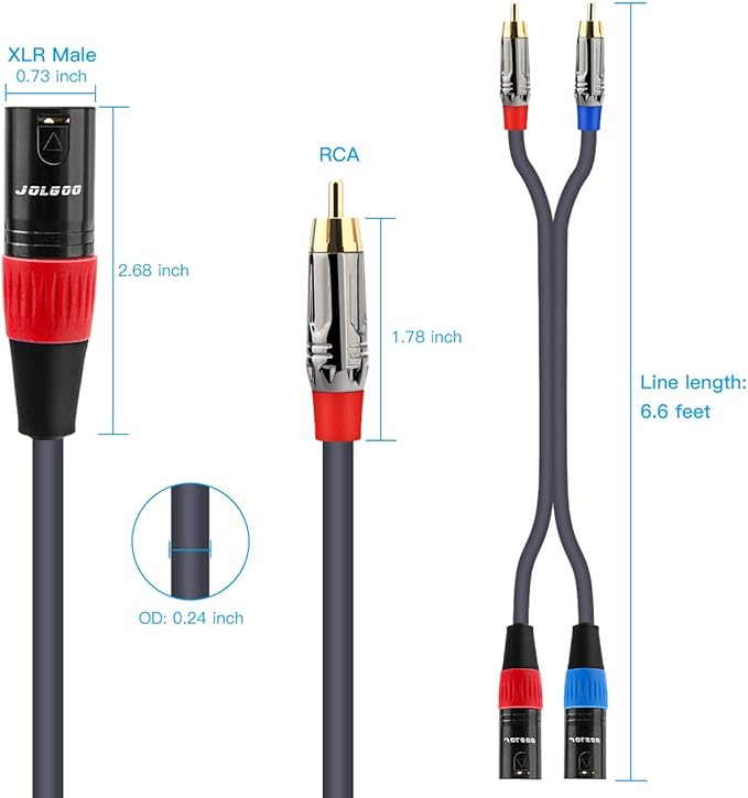 RCA to XLR Cable - Dual RCA Male to Dual XLR Male HiFi Audio Cable, 6.6 Feet, For Amplifier, Mixer, Microphone