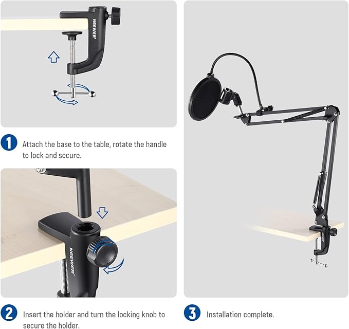 NEEWER Metal Table Mounting Clamp for Microphone Suspension Boom Scissor Arm Stand Holder with an Adjustable Positioning Screw, Fits up to 1.9inch/5centimeters Desktop Thickness (Black)