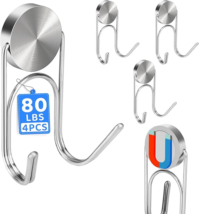 Buelkmag Magnetic Hooks 80Lbs+ 304 Stainless Steel Hooks Heavy Duty Magnets Hanging Hooks for Refrigerator Grill Toolbox Cabins Outdoor,2026 Cruise Essentials Camper Accessories 4pack(Silver)