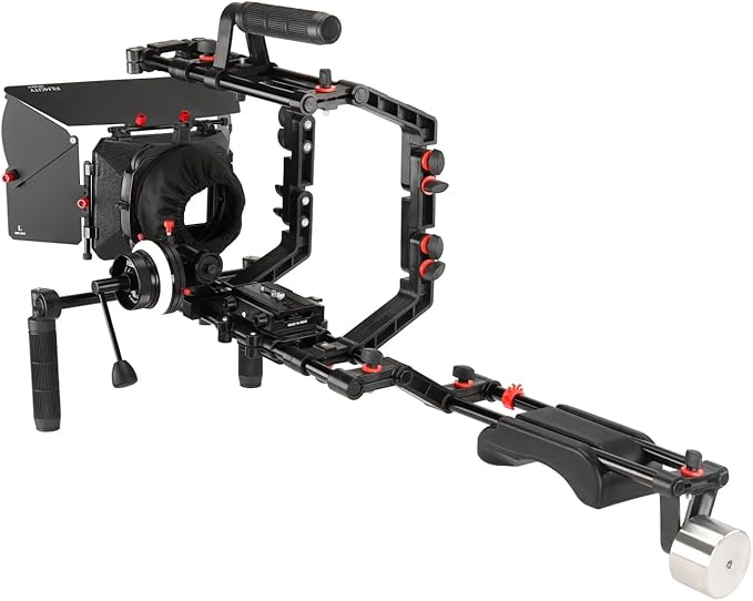 Filmcity Shoulder Rig Kit w Matte Box & Follow Focus for DSLR Cameras. Ergonomic & Stable, 6” to 9” Convertible Size. Adjustable Handles, ¼” Threads. Comfy Shoulder Pad, Quick Release Plate (FC-03)