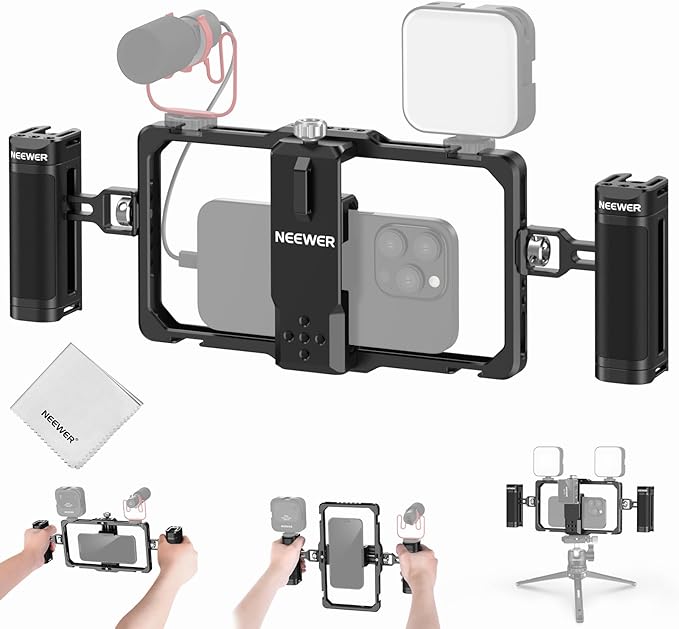 NEEWER Upgraded Phone Rig Vlogging Kit, Video Cage Stabilizer with Dual Handle Wireless Mic Clip Slot Cleaning Cloth for TikTok YouTube Recording Compatible with iPhone Samsung Android SmallRig, PA009
