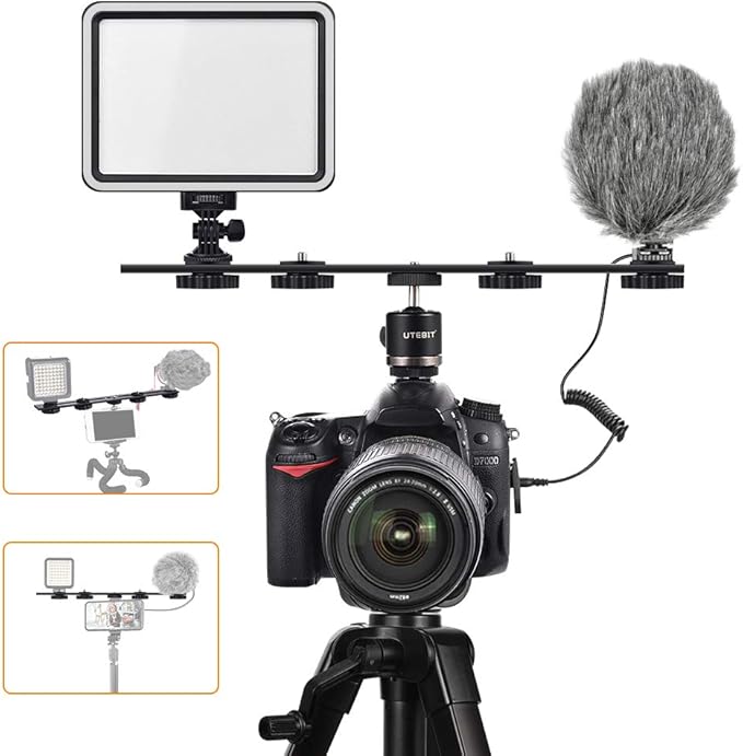 UTEBIT 11 inch Flash Bracket, Long Dual Camera Mount Flash Bracket Extension Bar with 1/4“ Hot Shoe, Straight Flash Brackets 1/4- 3/8 Thread Hole Tripod Mount for Camera/LED Light/Microphone