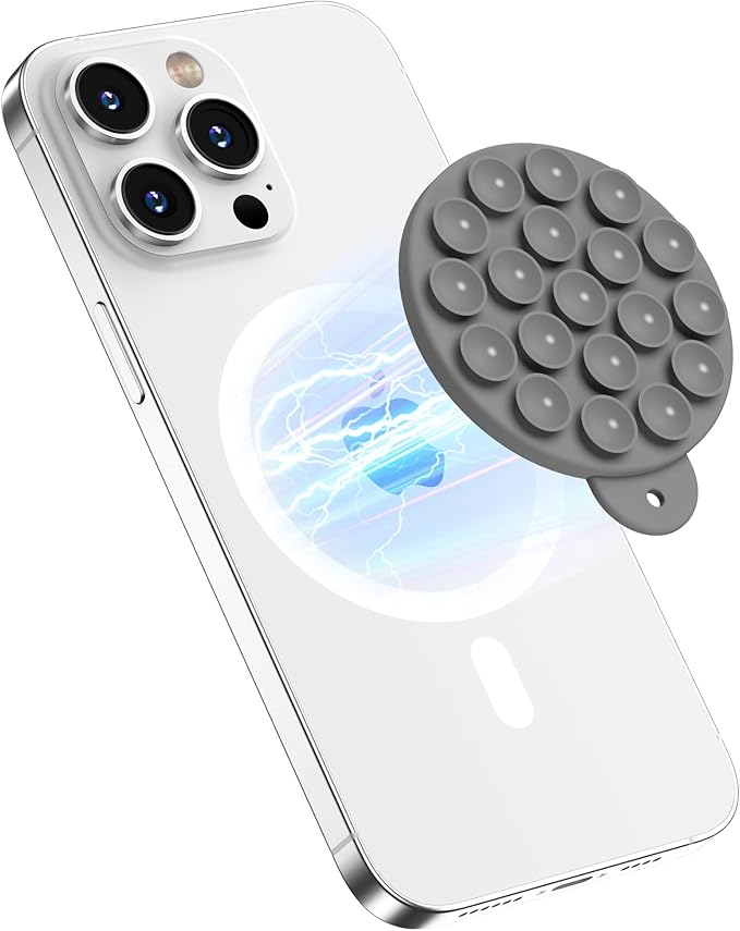 Magnetic Suction Cup Phone Mount with MagSafe, Silicone Hands-Free Grip Holder for iPhone Case and Android, Mirror Shower Phone Stand for Makeup FaceTime Gym Kitchen Bathroom, Gray