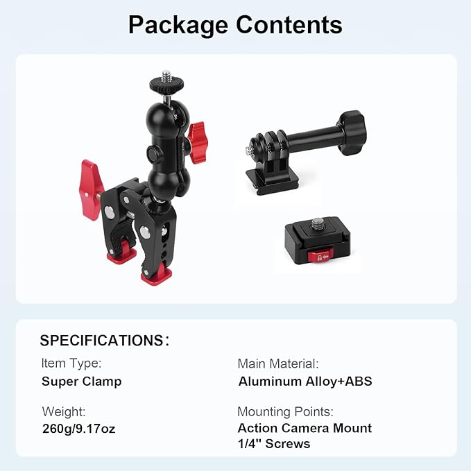 Super Clamp Mount with 360°Ballhead Magic Arm,Universal Mount with Quick Release Adapter for DSLR Camera,Led Lights,Action Cameras,and More