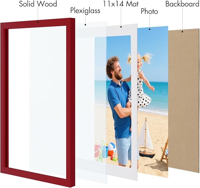 Vittanly 12x16 Picture Frame, Made of Solid Wood and Shatterproof Plexiglass, Display Pictures 11x14 with Mat or 12x16 without Mat, Wooden Photo Frame for Wall Mounting, Red, 1 Pack