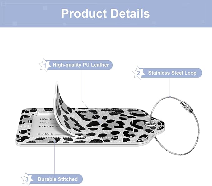 2 Pack PU Leather Luggage Tags for Suitcase, Travel Cruise Luggage Tag with Privacy Flap, Name ID Label and Metal Loop for Women Men Baggage Handbag School Bag Backpack, Leopard Leaves