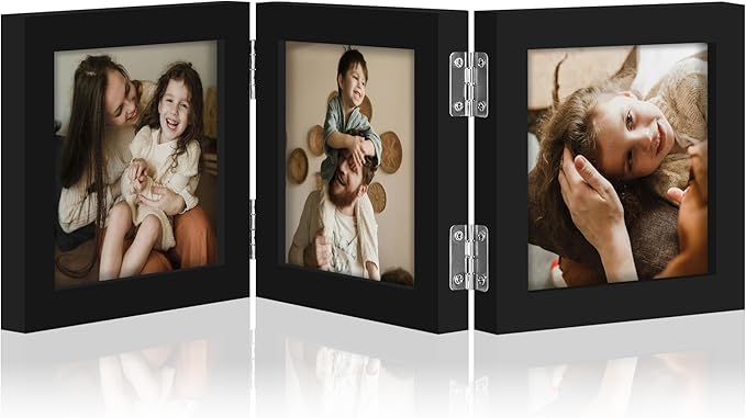 decorUhome Triple 4x4 Picture Frame Vertical, Engineered Wood Trifold Photo Frame with Plexiglass for Tabletop Display, 4x4, Black