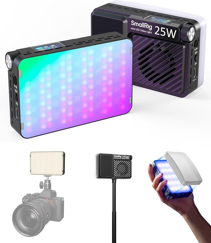 SmallRig RM 25C Mini LED RGB Video Light, 3100mAh Battery, HD LCD Display, 25W Portable Camera Light for Photographers, Content Creators, 2500K-10000K CRI 96 TLCI 99, Magnetic Mounting Diffuser - 5357