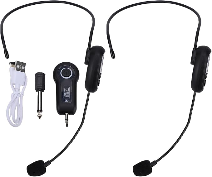 2.4G UHF Wireless Microphone System, Microphone Headset with 3.5mm 6.35mm Plug, Clear Sound Quality, Plug and Play, Wireless Mic for Speakers Fitness Instructor Tour Guides (1 for 2)
