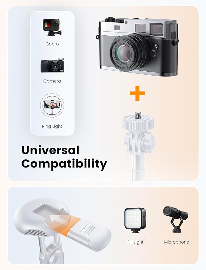 71" Phone Tripod, NT79 Extendable Selfie Stick with 1/4" Camera Mount for Cell Phone＆Camera, Phone Tripod Stand Holder with Remote Compatible with iPhone Android, Camera (White)