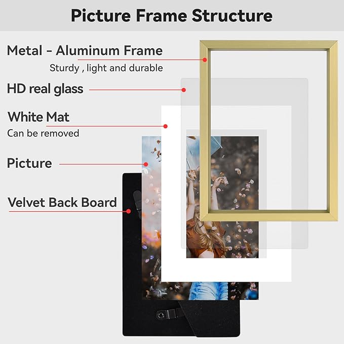 3x4 Picture Frame, Brass Metal Photo Frames with HD Glass, Fits 2x3 with Mat or 3 x 4 without Mat, Display for Wall and Table, 1 Pack
