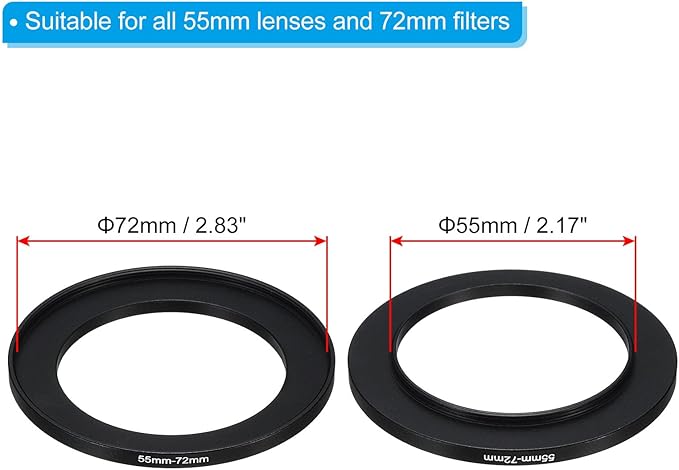PATIKIL 55mm-72mm Metal Step Up Ring with Cleaning Cloth, 2 Pack Camera Lens Filter Adapter Ring Aluminum Filter Adapter Ring for Camera Lenses Hood, Black