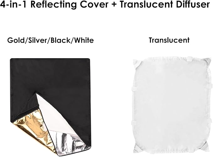 Photography Light Reflector Flag Kit, 30x35inches/75x90cm with Light Stand Adapter, 4-in-1 Gold/Silver/Black/White Diffuser and Translucent Diffuser, Foldable Stainless Steel Frame