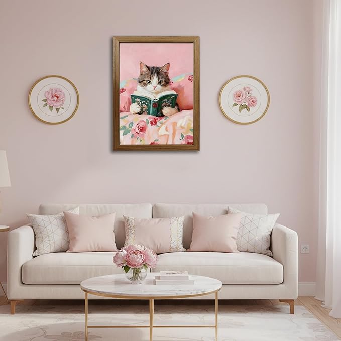 Cat Reading Framed Canvas Wall Art, Cute Cat Poster Paintings Print Picture, Single Panel Wood Frame Artwork Posters Prints for Bedroom Living Room Home Décor Wall Decoration, 16x12in / 24x16in