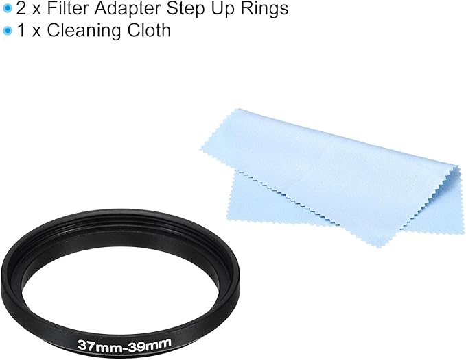 PATIKIL 37mm-39mm Metal Step Up Ring with Cleaning Cloth, 2 Pack Camera Lens Filter Adapter Ring Aluminum Filter Adapter Ring for Camera Lenses Hood, Black