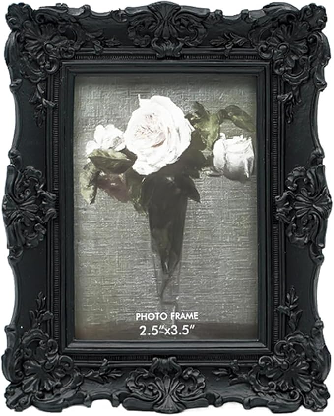 CISOO 2.5x3.5 Vintage Small Picture Frame, Antique Ornate Black Wallet Size Photo Frame for Table Top and Wall Display, Decorative Floral Design Retro Home Decor, Photo Gallery Art