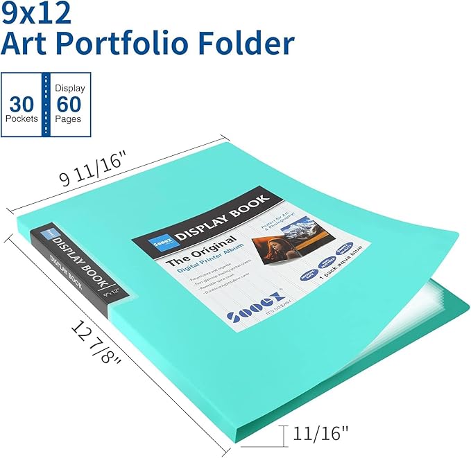 Sooez 30-Pocket Binder with Plastic Sleeves 9x12 (Sky Blue), Heavy Duty Art Portfolio Folder with Clear Sheet Protectors, Display 60 Pages, Presentation Book for Artwork, Document Organizer Binder