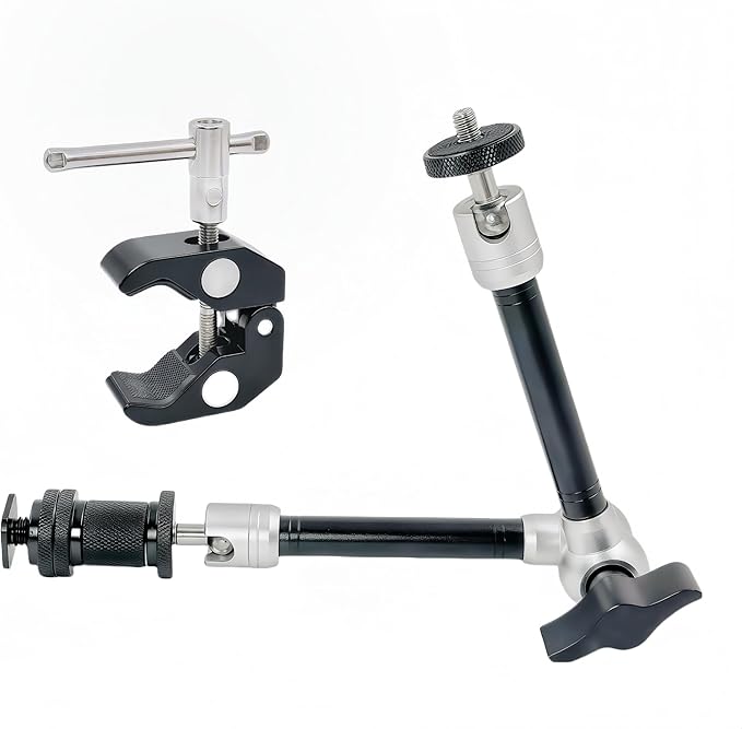 11" Magic Arm Clamp Mount with Super Clamp Arm with 1/4" & 3/8" Thread Screw 360° Ball Heads, For Monitor, Flash, LED Light, Microphone, Camera Cage, Action Camera, GoPro, Atomos, SmallRig