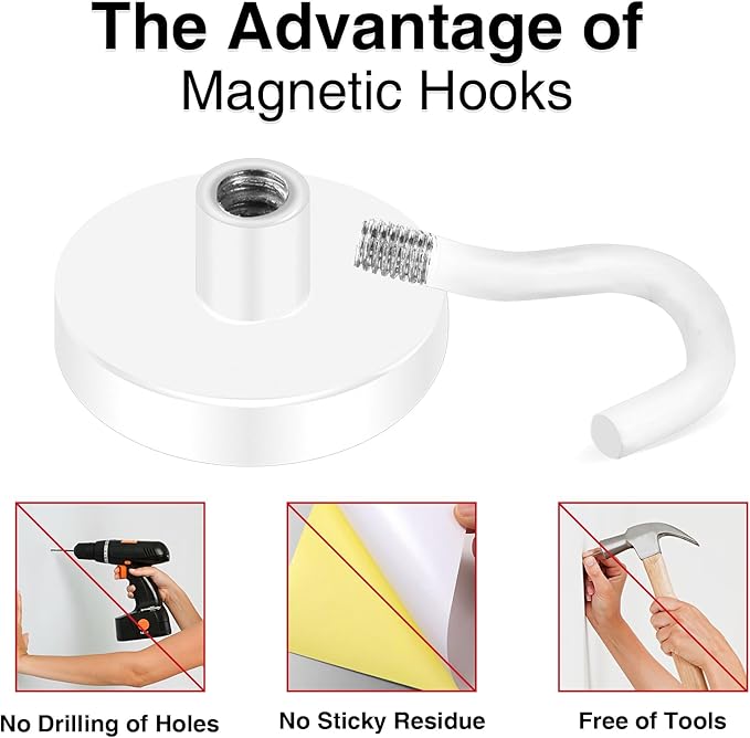 MIKEDE Magnetic Hooks Heavy Duty, 170LB Super Strong Magnetic Hooks for Cruise, Neodymium Earth Magnets with Hook for Hanging, Magnetic Metal Hanger for Fridge, Toolbox, Storage, (White, 4 Pack)