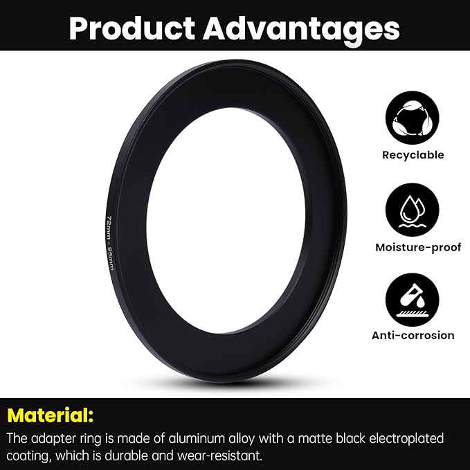 Metal Step Up Ring Filter Adapter - 72mm to 95mm - Metal Ring Step Up Rings Adapter Filter Compatible with All 95mm UV, CPL, ND, Lens Hood, Threaded Lens ect
