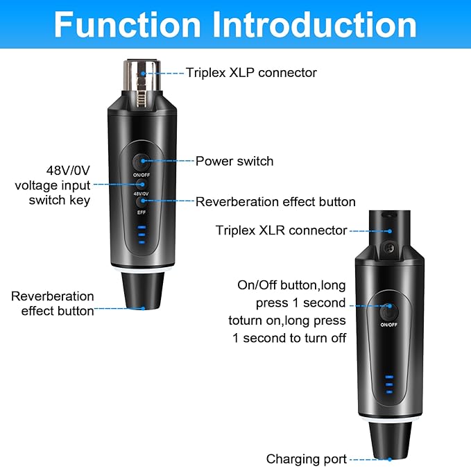 Depusheng S5 Wireless Microphone System Wireless Guitar Transmitter Receiver XLR Plug-on for Dynamic and 48V Condenser Microphones, Audio Mixer, with 48v Phantom Power and Reverb Switch