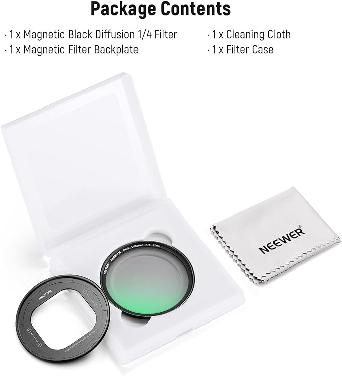 NEEWER 67mm Magnetic Black Diffusion 1/4 Filter Set, Multicoated HD with Magnetic Filter Backplate Adapter, Compatible with iPhone 16 Pro/16 Pro Max Phone Cage Video Rig (PA073/PA074)