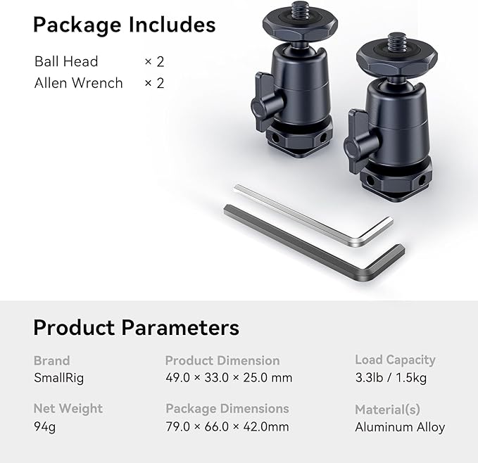 SmallRig Mini Ball Head (2 Pack) with 1/4" Screw and Removable Shoe Mount, 360 Degree Rotatable Aluminum Tripod Head for Camera Tripods Monopods Camcorder Light Microphone, Max. Load 1.5 kg - 2948B