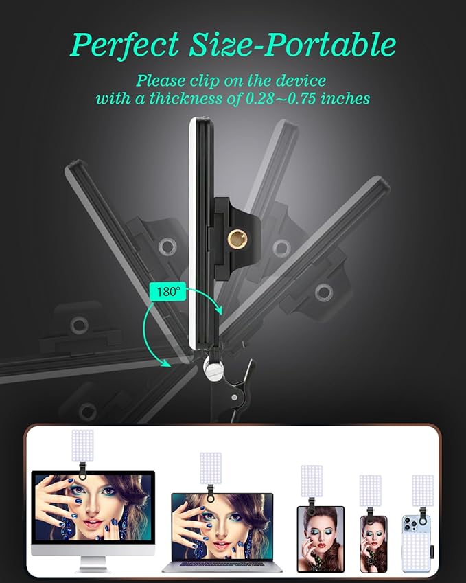 60 LED Portable Selfie Light Video Conference Lighting with Clip & Camera Tripod Adapter Rechargeable 2000mAh CRI 97+, 3 Light Modes for Phone iPhone Webcam Laptop Photo Makeup