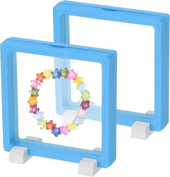 PATIKIL 2Pcs Floating Display Case, 4.3 Inch Jewelry Display Case Stand Challenge Coin Holder Frames Transparent Small Storage Box 3D for Necklace Bracelets Pendants, Navy Blue/White