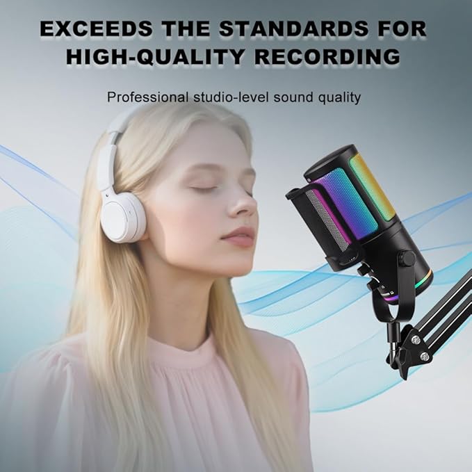 USB Gaming Microphone with Boom Arm - PC Mic for Streaming, Podcasting, Vocal Recording - RGB Condenser Kit with Noise Cancellation, Monitor Mix Knob, Mute Button & Pop Filter for Content Creator