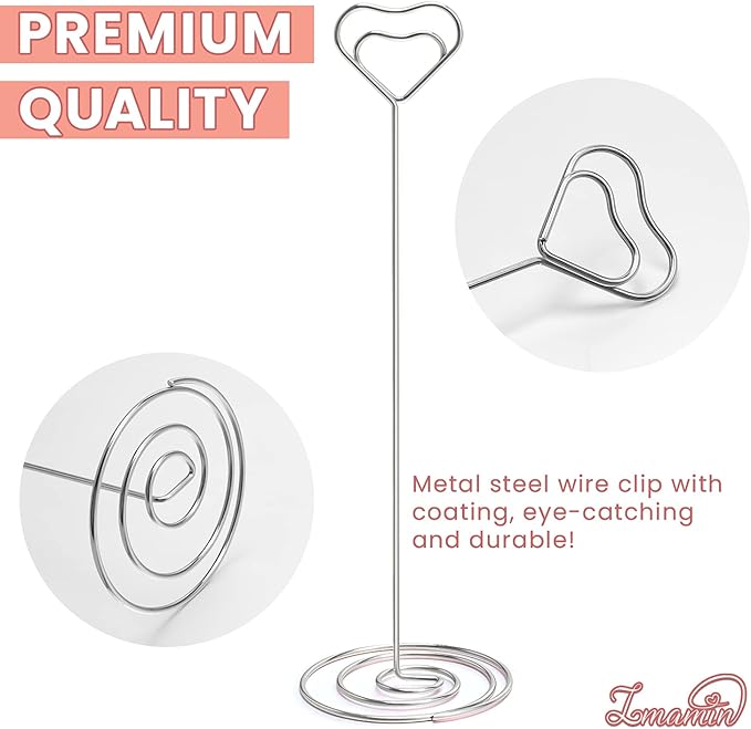 IMAMIN 16pcs Place Card Holders, 8.75 Inches Tall Table Number Holders, Silver Picture Holder for Tables with Heart Shaped Clip for Wedding, Photos, Food Signs, Memo Notes, Restaurant, Birthday