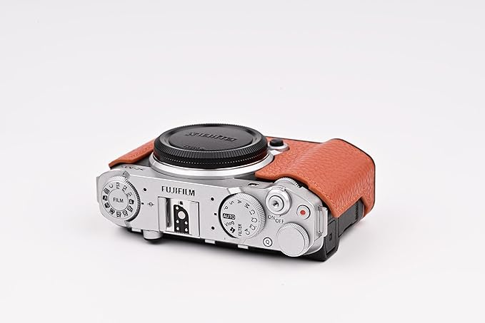 Uchandmade Handmade Genuine Leather Camera Half Case for Fujifilm X-M5/Fujifilm X-M5 Camera Case/Fujifilm X-M5 Case - Top Layer Cowhide Body + Metal Base Plate (Orange1)