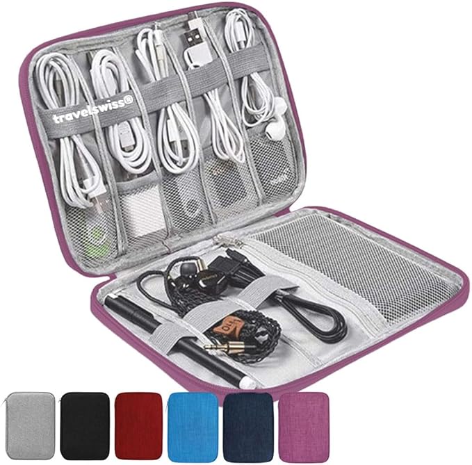 Travel Case Carry Pouch Electronic Accessories Organizer Portable Waterproof Double Layers All-in-One Storage Bag for Power Bank USB Cable Mouse Cords Charger Phone Earphone Flash Drive Fuchsia