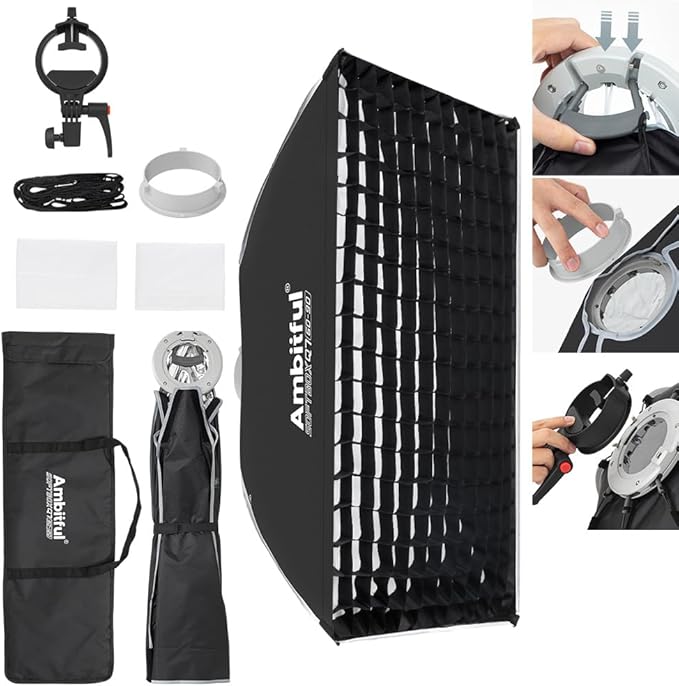 AMBITFUL 24" x 35" Strip Softbox Quick Release with Bowens Mount & Speedlite Bracket for COB Lights, Flash for CB60/CB100, LE200, SL60/SL100, MS300/SK400, V1/V1Pro/V100, AD200 (24" x 35")