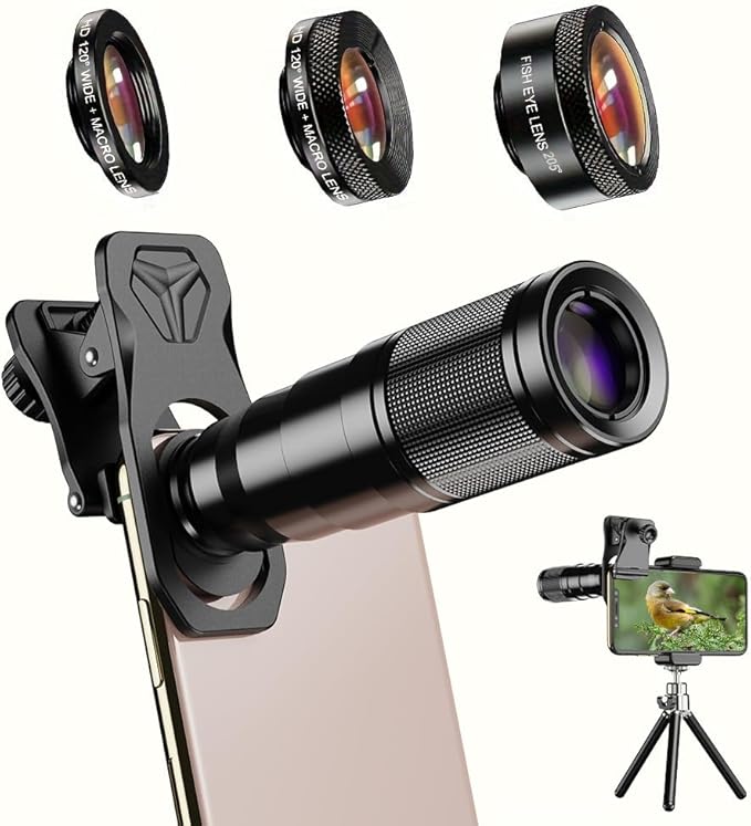 APEXEL 6 in 1 Phone Lens Kit - 22x Telephoto Lens, 205° Fisheye Lens, 120° Wide Angle Lens & 25X Macro Lens(Screwed Together), Compatible with iPhone,Samsung,Pixel