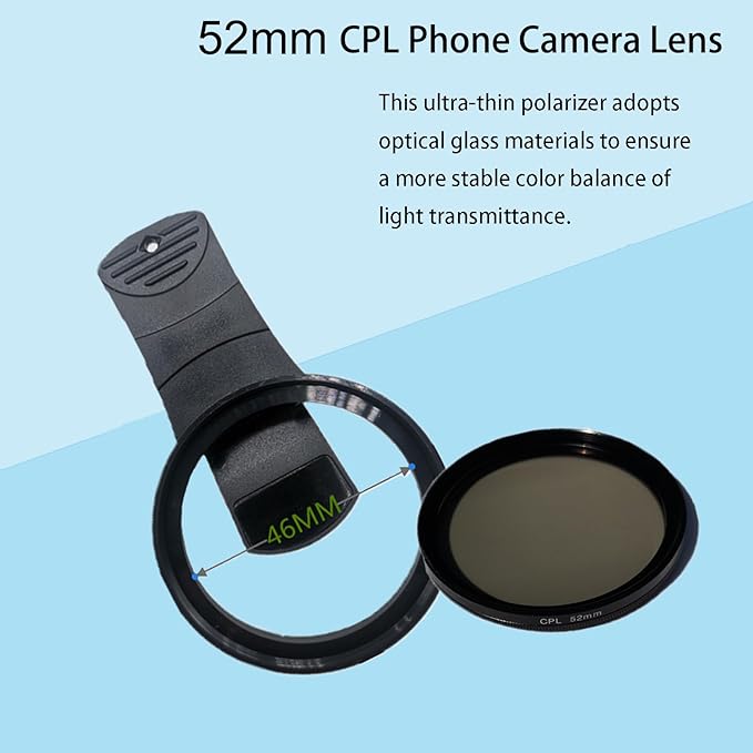 52mm CPL Phone Camera Lens, Clip-On Cellphone Lens CPL Filter Polarizer, Universal Cell Phone Camera Lens Compatible with Most Mobilephone Models(Black)